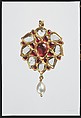 Floral Pendant with Drooping Petals, Fabricated from gold, worked in kundan technique and set with diamonds and rubies, with pendant pearl